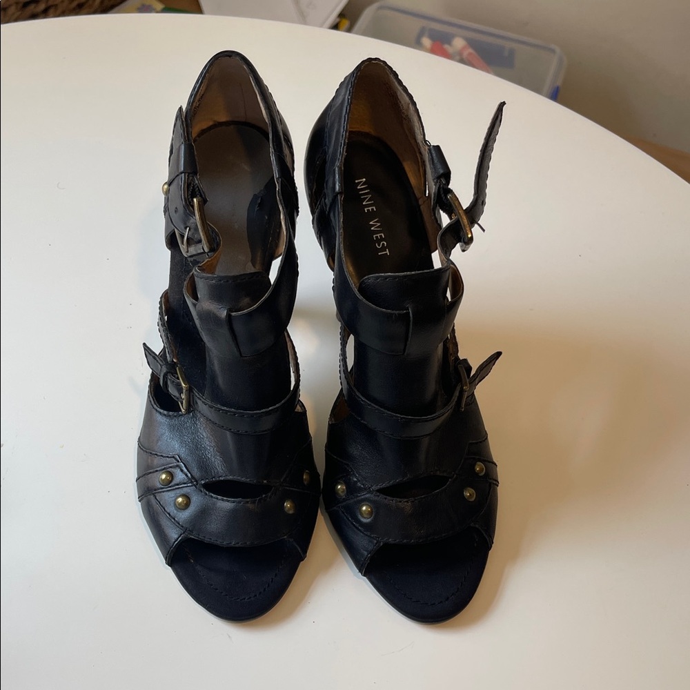 Nine West Black Leather Studded Ankle-Strap Heels